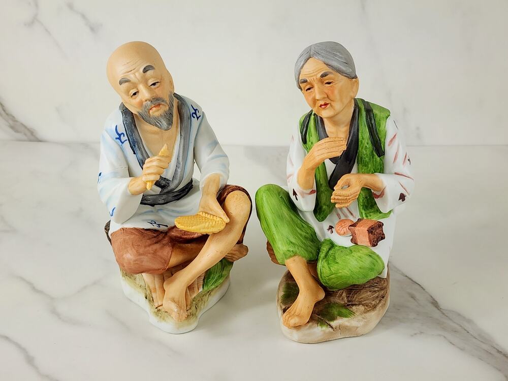 Homco Asian Old Men & Woman #1431 Couple 6" x 3 1/2" Ceramic 80's Home Decor x2